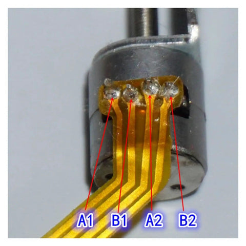 Close-up of DC 5V 30mm Linear Actuator 8mm Stroke 2 Phase 4 Wire with visible screw drive and labeled wires A1, B1, A2, B2 for precision motion.