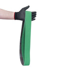 Gloved hand holding 2 By 72 Inch 220 Grit Ceramic Sanding Belts For Metal Grinding And Deburring, Extra Long Life, 6 pack.