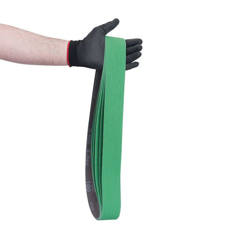 Gloved hand holding 2 By 72 Inch 220 Grit Ceramic Sanding Belts For Metal Grinding And Deburring, Extra Long Life, 6 pack.