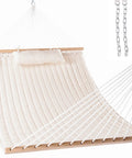 Two Person Double Quilted Fabric Hammock With Spreader Bar And Detachable Pillow For Outdoor Patio Backyard Poolside 450 Lb Weight Capacity 78 By 55 Inch Bed Ultra Comfy Natural showing white fabric and chains