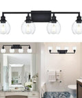 Four Light Vanity Light Fixture With Clear Globe Glass Shades Industrial Farmhouse Wall Lamp in bathroom setting