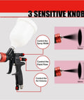 Featherlight Pneumatic Spray Gun With Hard Anodized Aluminum Body features three sensitive knobs for spray width, paint flow, and air volume control.