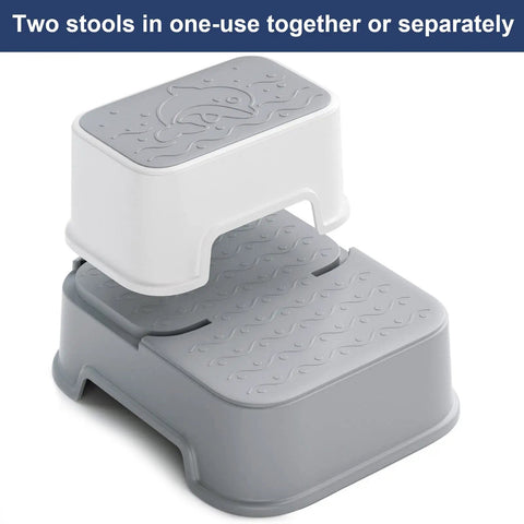 Two Step Toddler Stool Set Of Two, Super Sturdy Non Slip Bath Footrest For Kids Potty Training And Sink Washing, Straight Up Essential For Growing Toddlers, Wide Grip Platform, Light Grey stacked with a white stool on top.