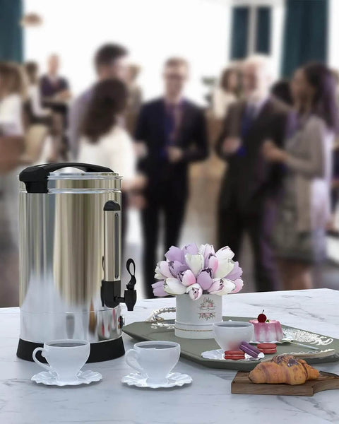 100 Cup Coffee Urn Built For Parties And Big Events, Party Ready 14L Large Commercial Coffee Maker on a table at an event