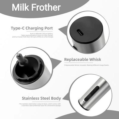 Rechargeable Milk Frother Wand With Three Independent Speeds And Five Attachments For Coffee Lattes Matcha And More Handheld Electric Whisk In Stainless Steel Perfect Gift For Kitchen Essentials And At Home Barista Vibes showing Type-C charging port, replaceable whisk, and stainless steel body.