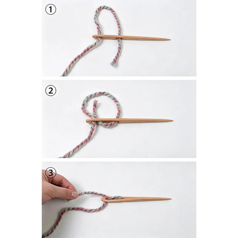 Tapestry Threading Tool Set With Four Wooden Tools Double Opening Design For Thick Yarn Rug Weaving Supplies With Smooth Tapered Points Durable Craft Kit For Quick Weaving And Shared Projects., wooden yarn threading tool shown with thick cord in weaving steps