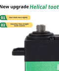 Close-up of green 15Kg Digital RC Servo Motor With Metal Gear Waterproof showing helical tooth design and benefits for smooth rotation