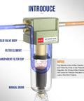 Auto Drain Air Line Filter Inline Pneumatic Water Trap For Air Compressor Systems, One Quarter Inch NPT, Five Micron Brass Filter Element