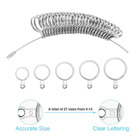 Ring Sizer Kit With 27 Stainless Steel Gauges US Size 0 To 13 Including Half Sizes Two Reusable Finger Belts One With Magnifier And Bonus Polishing Cloth For Men And Women Jewelry At Home, stainless steel gauges and size examples