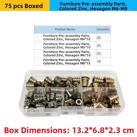 Vibrant Assortment Of Zinc Plated M5 And M8 Hex Socket Furniture Inserts With Durable Color Coding In Compact Case showing 75 pcs in a storage box.