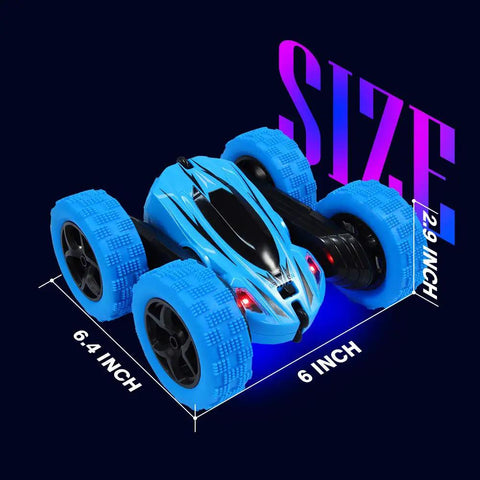 Two Pack RC Stunt Cars For Kids Fast 2.4GHz Remote Control Off Road Rock Crawler 4WD with blue body and measurements shown
