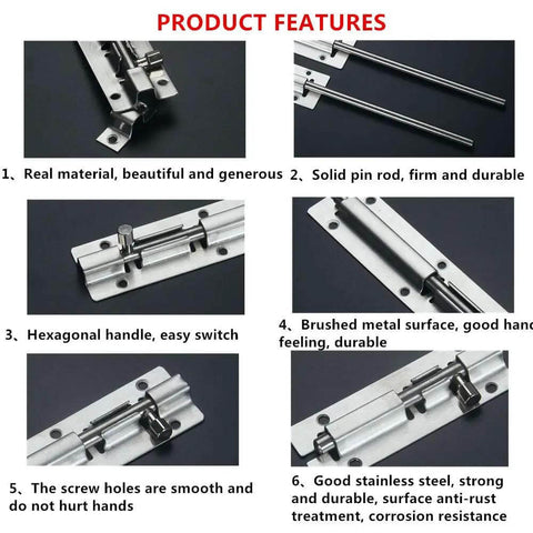 Product features of Heavy Duty Sliding Door Latch Lock 5 Inch Barrel Gate Bolt Set in Solid Stainless Steel, 2 pack, easy install