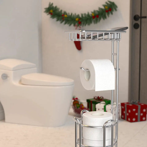 Freestanding Toilet Paper Holder With Shelf For Bathroom Storage Holds Phone Wipes And Mega Rolls In Shiny Chrome