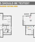 Floor plan showing testing areas for Radtrak³ Home Radon Detector For Long Term Testing 90 Days To 1 Year, Easy To Use Setup, Accurate Readings.