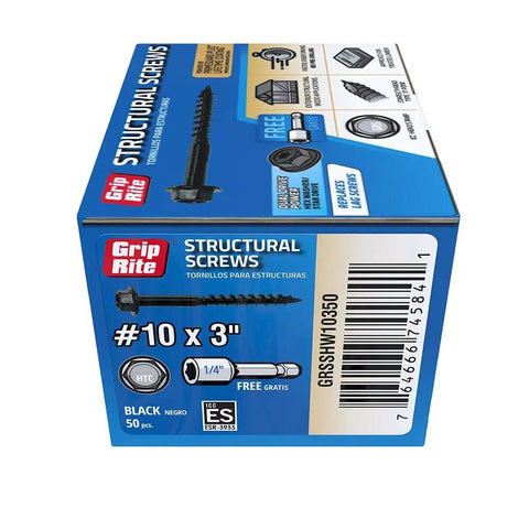 Box of 50 Grip-Rite structural wood screws, size 10 x 3 inch, for exterior use, ICC ESR-393 compliant.