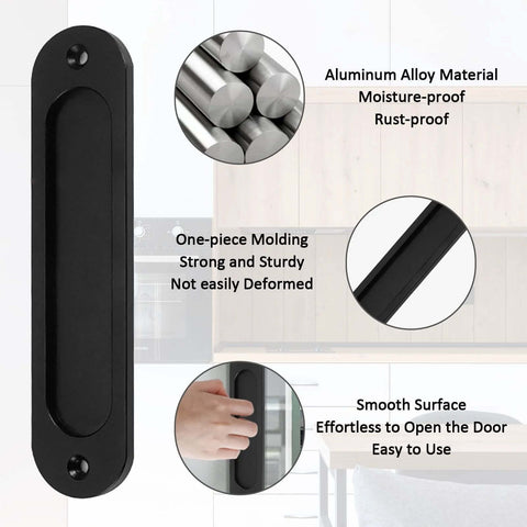 2 Pack Matte Black Flush Pull Barn Door Handles 6 Inch Round Corner Rectangular Flat Plate Recessed Sliding Pocket Door Hardware Aluminum Finger Pull