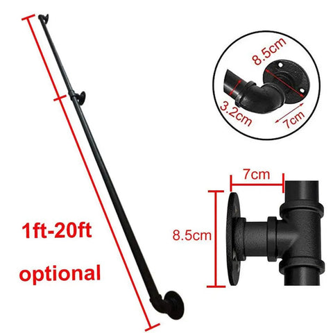 Dead Easy Install Wall Mounted Stair Handrail Industrial Pipe Style Wrought Iron Finish Black Anti Slip Safety Railing with dimensions