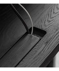 Rock Solid Electric Sit Stand Desk With Dual Built In Drawers And Effortless Height Adjustment Featuring Slick Modern Finish showing cable management slot.