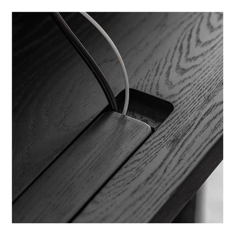 Rock Solid Electric Sit Stand Desk With Dual Built In Drawers And Effortless Height Adjustment Featuring Slick Modern Finish showing cable management slot.