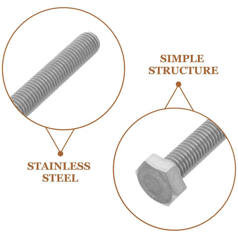 Stainless Steel M10x10mm Hex Bolt Kit With Lock Nuts And Flat And Lock Washers Fully Threaded Fasteners For Outdoor And Home Use Heavy Duty Anti Loosening Hardware Set To Fight Vibration And Loose Connections. stainless steel hex bolt close-up