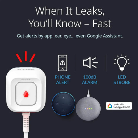 Smart WiFi Water Leak Detector Starter Kit With Two Sensors 100 dB Alarm App Alerts LED Strobe No Hub Needed Works With Google