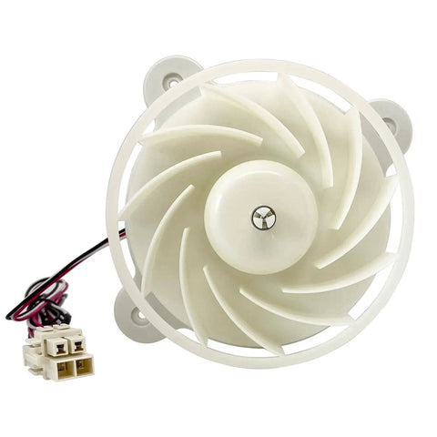 Front view of DC 12V Refrigerator Evaporator Fan Motor Replacement Part For Freezer And Fresh Food Cooling Quiet DIY Friendly 1870 RPM 2.5W 0.12A Durable OEM Style Replaces DA96-00968A DA31-00334A PS9494284 AP5948644 showing white plastic fan blades and electrical connector.
