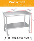 Beefy Stainless Steel Pulley Workbench With Casters, Heavy Duty Prep Table With Lower Shelf For Restaurants, Garages, And Outdoor BBQs, 201 Stainless Steel Construction, Anti Corrosion Finish, Mobile Kitchen Station, shown in front view with dimensions labeled.