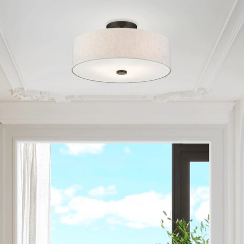 Meridian Collection 3 Light Semi Flush Mount Ceiling Fixture With Oatmeal Fabric Drum Shade And Satin White Diffuser In English Bronze Finish