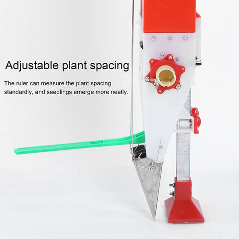 Side view of Home Garden Seed Planter and Fertilizer Seeder featuring adjustable planting spacing and double cylinder slot