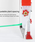 Side view of double hole fertilizer seeder, adjustable manual planter for garden use, seed spreader with plant spacing ruler.