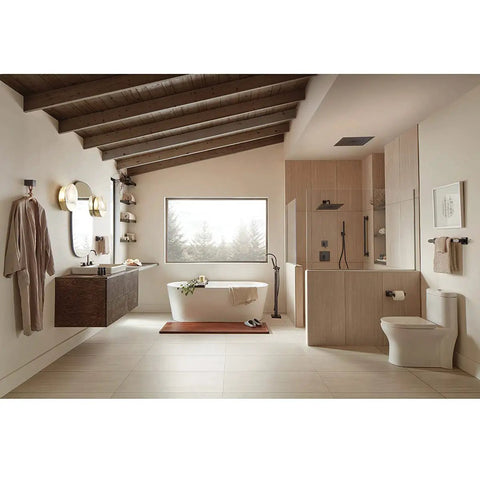 Modern bathroom with Matte Black Lura 24In ADA Grab Bar For Bath And Door Use Stainless Steel near bathtub and shower.
