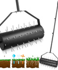 18 Inch Rolling Lawn Aerator Tool with 50 to 70 Inch Adjustable Handle, Heavy Duty Spike Aerator, includes sandbag, 40 iron spikes