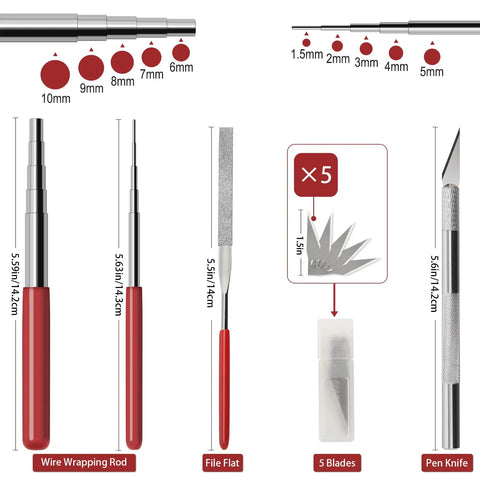 23 Piece Metal Puzzle Tool Kit showing wire wrapping rod, file, pen knife with replacement blades for 3D metal earth projects
