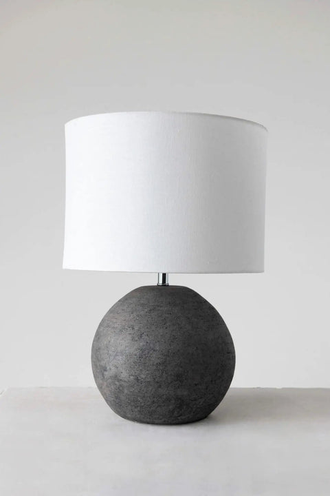 Round Terracotta Table Lamp With Canvas Shade In Distressed Grey Finish, Modern Boho Desk Companion With Rotary Switch, 60W Max, Bulb Not Included, 11.75 Inch Square Base