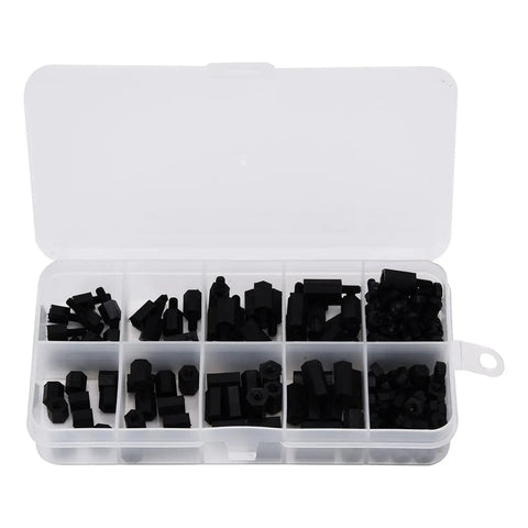 Game Changing M3 Nylon Hex Standoff Screw Nut Kit 180 Piece Assortment in a clear plastic storage box filled with various components.
