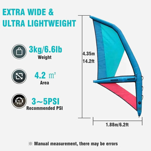 Infographic of Inflatable Surf Wing For Wind Wing Foiling And Surfing, 4.2 Square Meters, showing dimensions and weight specifications