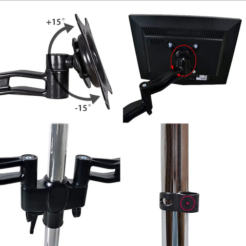 Triple Monitor Arm Desk Mount Holds 15 To 27 Inch Screens Rock Solid Aluminum Build showing adjustable joint mechanisms and mounting details.