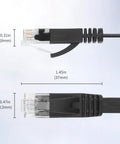 Close-up of 6.6 Ft Retractable Flat Cat6 Ethernet Cable 2 Pack High Speed RJ45 LAN connectors with dimensions labeled.