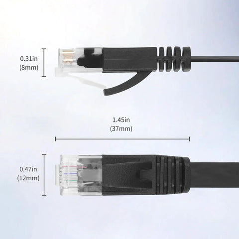 Close-up of 6.6 Ft Retractable Flat Cat6 Ethernet Cable 2 Pack High Speed RJ45 LAN connectors with dimensions labeled.