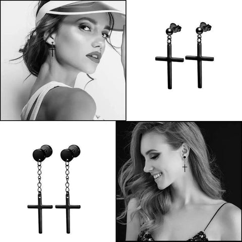 20 Pairs Stainless Steel Earrings Set For Women And Men Pack With Black And Silver Studs Round Disc Ball Studs Square Cubic Zirconia Dangle Earrings Small Huggie Hoops Fashion Jewelry For Everyday Wear black cross dangle earrings on model