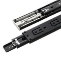 Close-up of black side-mount Pair Of Silent Drawer Slides For Easy Glide Side Mount Three Section Adjustable 25 To 50 Cm Black Rails For Cabinets And Dressers With Ball Bearing Action And Soft Close Heavy Duty Hardware For Long Lasting Performance, showcasing ball bearing mechanism.