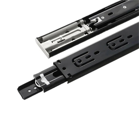 Close-up of black side-mount Pair Of Silent Drawer Slides For Easy Glide Side Mount Three Section Adjustable 25 To 50 Cm Black Rails For Cabinets And Dressers With Ball Bearing Action And Soft Close Heavy Duty Hardware For Long Lasting Performance, showcasing ball bearing mechanism.