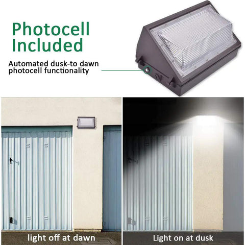 Super Bright 120W LED Wall Pack Light With Dusk To Dawn Photocell, 13000 Lumens, 5000K Daylight illuminating exterior at dusk