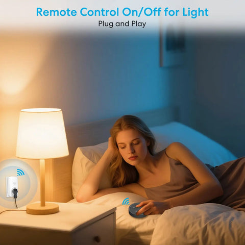 Woman using Wireless Garbage Disposal Switch Kit With Remote Control in bedroom, controlling bedside lamp remotely.