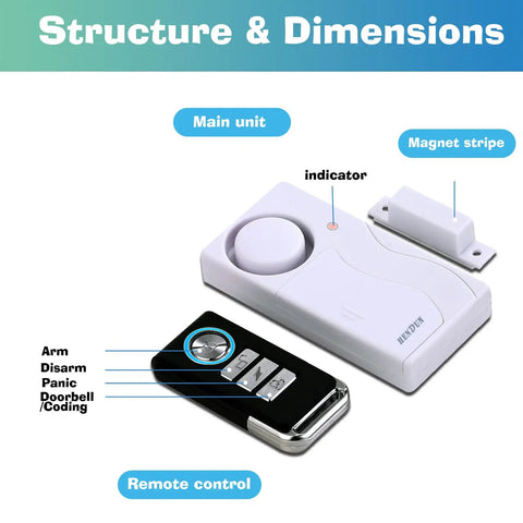 Wireless Remote Door And Window Alarm With Magnetic Sensor, Easy To Install Security System, main unit and key fob