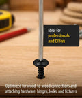 Get Your Hands On These Number 8 X 1/2 Black Modified Truss Head Wood Screws 500 Pack For A Rock Solid Hold On Every Weekend Carpentry Job You Got Cooking In The Garage, showing a black modified truss head wood screw in wood.