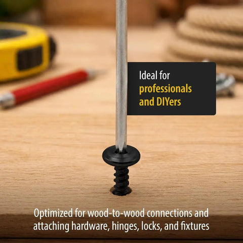 Get Your Hands On These Number 8 X 1/2 Black Modified Truss Head Wood Screws 500 Pack For A Rock Solid Hold On Every Weekend Carpentry Job You Got Cooking In The Garage, showing a black modified truss head wood screw in wood.