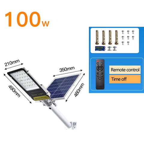 JUDYSSY Outdoor Solar Powered Street Flood Lights-400W Dusk to N Solar Security Led Lamp with Remote Control, 100W solar light with dimensions.