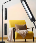 Dimmable LED Floor Lamp With Remote Control, Adjustable 3000K To 6500K Color Temperature, Five Brightness Levels, black gooseneck lamp in living room.