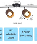 4 Light Track Lighting Kit 36 Inch Black Ceiling Mount With Natural Wood Finish Directional Spots For Living Room Kitchen And Utility Room Modern Mid Century Style Vibe - dimensions and features infographic
